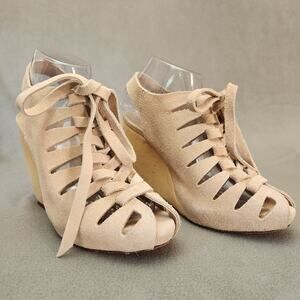 LOEFFLER RANDALL Vivian‎ Lace Up Wedge Sandal  Size 7.5B Natural Tan Slingback